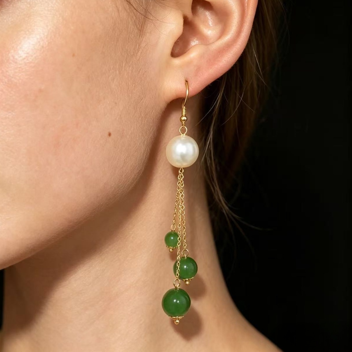 Women's Green Bead Tassel Earrings with Asymmetrical Design